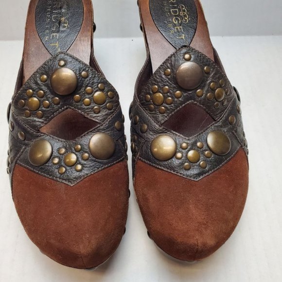 Bridget Shuster Women's Brown Suede Leather Bronze Studded Chunky Wooden Clog - Picture 11 of 16